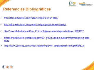 Referencias Bibliográficas
• http://blog.educastur.es/ayuda/navegar-por-un-blog/
• http://blog.educastur.es/ayuda/navegar-por-educastur-blog/.
• http://www.slideshare.net/Isa_715/ventajas-y-desventajas-del-blog-11993337
• https://maestroviejo.wordpress.com/2013/02/17/como-buscar-informacion-en-este-
blog/
• http://www.youtube.com/watch?feature=player_detailpage&v=iDKqMNa4sXg
 