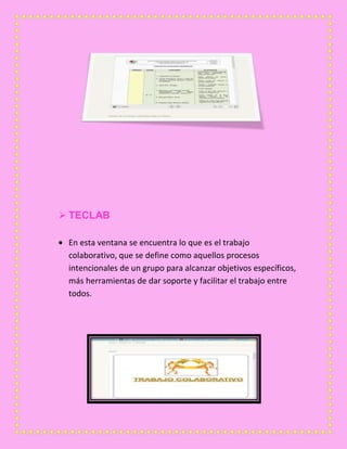  TECLAB
En esta ventana se encuentra lo que es el trabajo
colaborativo, que se define como aquellos procesos
intencionales de un grupo para alcanzar objetivos específicos,
más herramientas de dar soporte y facilitar el trabajo entre
todos.
 