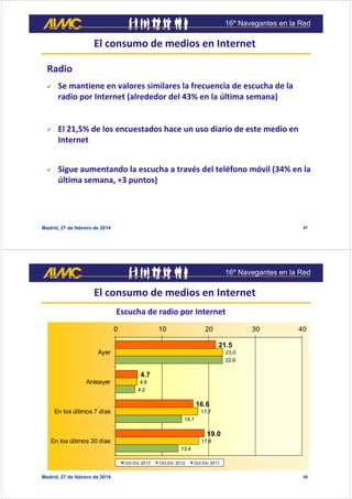 16º Navegantes en la Red

El consumo de medios en Internet
Radio


Se mantiene en valores similares la frecuencia de escu...