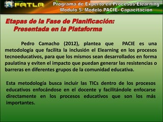 Pedro Camacho (2012), plantea que            PACIE es una
metodología que facilita la inclusión el Elearning en los procesos
tecnoeducativos, para que los mismos sean desarrollados en forma
paulatina y eviten el impacto que puedan generar las resistencias o
barreras en diferentes grupos de la comunidad educativa.

Esta metodología busca incluir las TICs dentro de los procesos
educativos enfocándose en el docente y facilitándole enfocarse
directamente en los procesos educativos que son los más
importantes.
 