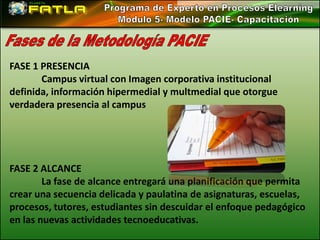FASE 1 PRESENCIA
       Campus virtual con Imagen corporativa institucional
definida, información hipermedial y multmedial que otorgue
verdadera presencia al campus




FASE 2 ALCANCE
        La fase de alcance entregará una planificación que permita
crear una secuencia delicada y paulatina de asignaturas, escuelas,
procesos, tutores, estudiantes sin descuidar el enfoque pedagógico
en las nuevas actividades tecnoeducativas.
 