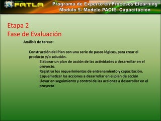 Etapa 2
Fase de Evaluación
     Análisis de tareas:

        Construcción del Plan con una serie de pasos lógicos, para crear el
        producto y/o solución.
              Elaborar un plan de acción de las actividades a desarrollar en el
              proyecto.
              Registrar los requerimientos de entrenamiento y capacitación.
              Esquematizar las acciones a desarrollar en el plan de acción
              Llevar en seguimiento y control de las acciones a desarrollar en el
              proyecto
 