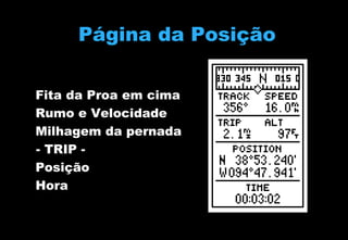 Página da Posição
Fita da Proa em cima
Rumo e Velocidade
Milhagem da pernada
- TRIP Posição
Hora

 