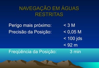 NAVEGAÇÃO EM ÁGUAS
RESTRITAS
Perigo mais próximo:
Precisão da Posição:

Freqüência da Posição:

<3M
< 0,05 M
< 100 jds
< 92 m
3 min

 