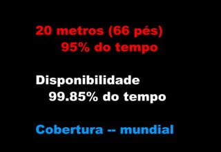 20 metros (66 pés)
95% do tempo
Disponibilidade
99.85% do tempo
Cobertura -- mundial

 