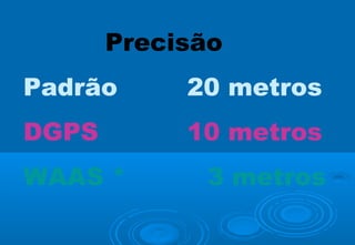 Precisão
Padrão

20 metros

DGPS

10 metros

WAAS *

3 metros

 