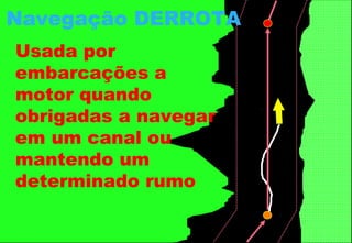 Navegação DERROTA
Usada por
embarcações a
motor quando
obrigadas a navegar
em um canal ou
mantendo um
determinado rumo

 