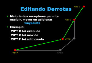 Editando Derrotas
• Maioria dos receptores permite
excluir, mover ou adicionar
waypoints
• Exemplo:
WPT B foi excluído
WPT C foi movido
WPT E foi adicionado

WPT A

WPT B

WPT D

WPT C

WPT E

 