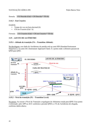 NAVEGAÇÃO AÉREA IFR Pedro Barros Neto
fórmula: CG Descida (Gal) = CH Descida * TD (h)
3.14.3 – Em Cruzeiro
DADOS:
• Tempo de voo em hora decimal (h)
• CH em Cruzeiro (Gal / h)
Fórmula: CG Cruzeiro (Gal) = CH em Cruzeiro * TD (h)
3.15 – AJUSTE DO ALTÍMETRO
3.15.1 - Altitude de transição (TA – Transition Altitude)
Na decolagem: esse dado do Aeródromo de partida está na carta SID (Standard Instrument
Departure) e na carta IAC (Instrument Approach Chart). É o ponto onde o altímetro passará de
QNH para QNE.
3.15.2 – Nível de transição (TL – Transition Level)
No pouso: Ao cruzar o Nível de Transição a regulagem do Altímetreo muda para QNH. Esse ponto
é informado pelo APP ou ACC conforme a pressão QNH e a TA do Aeródromo de chegada,
conforme tabela abaixo.
41
 