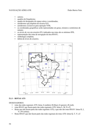 NAVEGAÇÃO AÉREA IFR Pedro Barros Neto
• setores;
• quadros de frequências;
• quadro de designador de espaço aéreo e coordenadas;
• aeródromos que dispõem do recurso ILS;
• aeródromos exclusivos para operação VFR;
• as coordenadas geográficas serão representadas em graus, minutos e centésimos de
minuto;
• os níveis de voo em cruzeiro (FL) indicados nas rotas são os mínimos IFR;
• representação das rotas de navegação de área RNAV;
• simbologia completa;
• tabela de níveis de cruzeiro;
5.1.1 – ROTAS ATS
DESIGNADORES
• rotas das redes regionais ATS: letras A (amber), B (blue), G (green) e R (red);
• rotas RNAV que fazem parte das redes regionais ATS: letras L, M, N e P;
• Rotas que não fazem parte das redes regionais ATS, e que não são rotas RNAV: letras H, J,
V e W (white);
• Rotas RNAV que não fazem parte das redes regionais de rotas ATS: letras Q, T, Y e Z
54
 