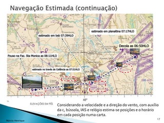 17
Márcio Henrique
Considerando a velocidade e a direção do vento, com auxílio
da c, bússola, IAS e relógio estima-se posições e o horário
em cada posição numa carta.
 