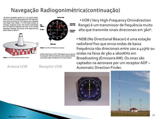 21
Márcio Henrique
•VOR (Very High-FrequencyOmnidirection
Range) é um transmissor de frequência muito
alta que transmite sinais direcionais em 360º.
AntenaVOR ReceptorVOR
• NDB (No Directional Beacon) é uma estação
radiofarol fixo que envia ondas de baixa
frequência não direcionais entre 200 a 415Hz ou
ondas na faixa de 560 a 1600KHz em
Broadcasting (EmissoraAM). Os sinas são
captados na aeronave por um receptor ADF –
Automatic Direction Finder.
 