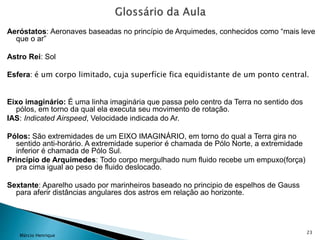 Aeróstatos: Aeronaves baseadas no princípio de Arquimedes, conhecidos como “mais leve
que o ar”
Astro Rei: Sol
Esfera: é um corpo limitado, cuja superfície fica equidistante de um ponto central.
Eixo imaginário: É uma linha imaginária que passa pelo centro da Terra no sentido dos
pólos, em torno da qual ela executa seu movimento de rotação.
IAS: Indicated Airspeed, Velocidade indicada do Ar.
Pólos: São extremidades de um EIXO IMAGINÁRIO, em torno do qual a Terra gira no
sentido anti-horário. A extremidade superior é chamada de Pólo Norte, a extremidade
inferior é chamada de Pólo Sul.
Princípio de Arquimedes: Todo corpo mergulhado num fluido recebe um empuxo(força)
pra cima igual ao peso de fluido deslocado.
Sextante: Aparelho usado por marinheiros baseado no principio de espelhos de Gauss
para aferir distâncias angulares dos astros em relação ao horizonte.
Márcio Henrique
23
 