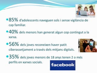 85% d’adolescents naveguen sols i sense vigilància de
 cap familiar.

40% dels menors han generat algun cop contingut a la
 xarxa.

56% dels joves reconeixen haver patit
 ciberassetjament a través dels mitjans digitals.

35% dels joves menors de 18 anys tenen 2 o més
 perfils en xarxes socials.
 