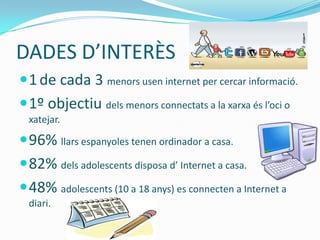 DADES D’INTERÈS
 1 de cada 3 menors usen internet per cercar informació.
 1º objectiu dels menors connectats a la xarxa és l’oci o
  xatejar.

 96% llars espanyoles tenen ordinador a casa.
 82% dels adolescents disposa d’ Internet a casa.
 48% adolescents (10 a 18 anys) es connecten a Internet a
  diari.
 