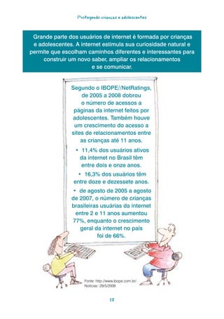 Protegendo crianças e adolescentes



 Grande parte dos usuários de internet é formada por crianças
 e adolescentes. A internet estimula sua curiosidade natural e
permite que escolham caminhos diferentes e interessantes para
     construir um novo saber, ampliar os relacionamentos
                        e se comunicar.


               Segundo o IBOPE//NetRatings,
                   de 2005 a 2008 dobrou
                   o número de acessos a
                páginas da internet feitos por
               adolescentes. Também houve
                um crescimento do acesso a
               sites de relacionamentos entre
                   as crianças até 11 anos.
                 • 11,4% dos usuários ativos
                  da internet no Brasil têm
                   entre dois e onze anos.
                 • 16,3% dos usuários têm
                entre doze e dezessete anos.
               • de agosto de 2005 a agosto
               de 2007, o número de crianças
               brasileiras usuárias da internet
                entre 2 e 11 anos aumentou
               77%, enquanto o crescimento
                  geral da internet no país
                          foi de 66%.




                    Fonte: http://www.ibope.com.br/.
                    Notícias: 29/5/2008


                                   13
 