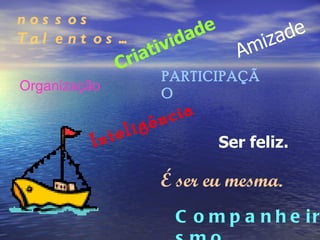 Amizade Companheirismo   Criatividade   Inteligência   Organização   PARTICIPAÇÃO   Ser feliz.   É ser eu mesma.   nossos Talentos... 
