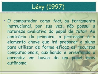 Lévy (1997)   O computador como  tutor : professor substituto, aquele que, baseado nos fundamentos do behaviorismo, fornece ao aprendiz prática em exercícios do tipo repetição  (drills)  ou lúdicos  (games) , e que provê o  feedback  apropriado.   