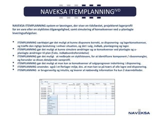 NAVEKSA ITEMPLANNING system er løsningen, der viser en tidsfæstet, projekteret lagerprofil
for en vare eller en styklistes tilgængelighed, samt simulering af konsekvenser ved u-planlagte
leveringsafvigelser.

•
•
•
•
•
•

ITEMPLANNING værktøjet gør det muligt at kunne disponere korrekt, se disponering- og lagerkonsekvenser,
og træffe den rigtige beslutning i enhver situation, og det i salg, indkøb, planlægning og lager.
ITEMPLANNING gør det muligt at kunne simulere ændringer og se konsekvenser ved planlagte og uplanlagte ændringer til plan (f.eks. indkøbsordreforsinkelse)
ITEMPLANNING gør det muligt at nedbryde en styklistevare, for at identificere komponent / råvaremangler,
og herunder se disses detaljerede vareprofil.
ITEMPLANNING gør det muligt at man kan se konsekvenser af salgsprognoser indvirkning i disponering.
ITEMPLANNING anvendes også i et flerlager miljø, dvs. at man kan se på tværs af alle lagre ved disponering.
ITEMPLANNING er brugervenlig og intuitiv, og leverer al nødvendig information fra kun 2 skærmbilleder.

 