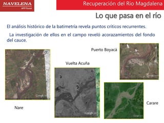 Recuperación del Rio Magdalena 
Lo que pasa en el río 
El análisis histórico de la batimetría revela puntos críticos recurrentes. 
La investigación de ellos en el campo reveló acorazamientos del fondo 
del cauce. 
Nare 
Vuelta Acuña 
Puerto Boyacá 
Carare 
 