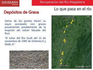 Recuperación del Rio Magdalena 
Depósitos de Grava 
Lo que pasa en el río 
Varios de los puntos tienen su 
cauce acorazado con gravas 
provenientes posiblemente de la 
erupción del volcán Nevado del 
Ruiz. 
“El Lahar del Rio Guali del 13 de 
noviembre de 1985 de Ordoñez,JI y 
Deeb, A.” 
 