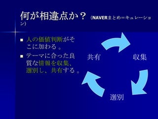 何が相違点か？（NAVERまとめ＝キュレーション）人の価値判断がそこに加わる 。テーマに合った良質な情報を収集、選別し、共有する 。