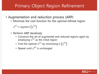 Primary Object Region Refinement
• Augmentation and reduction process (ARP)
• Minimize the cost function for the optimal refined region
• Perform ARP iteratively
• Construct the set of augmented and reduced regions again by
employing 𝑟∗
𝑡
as the initial region
• Find the optimal 𝑟∗
𝑡
by minimizing 𝐶 𝑟𝑖
(𝑡)
• Repeat until 𝑟∗
𝑡
is unchanged
𝑟∗
𝑡
= arg min 𝐶 𝑟𝑖
(𝑡)
 