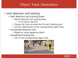 Object Track Generation
• Joint detection and tracking
• Both detection and tracking boxes
• Match detection and tracking boxes
• The Hungarian algorithm
• Choose the more accurate box for each matching pair
• Link the selected box to the corresponding object track
• Unmatched detection box
• Regard as newly appearing object
• Unmatched tracking box
• Link to the corresponding object track
 