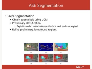 ASE Segmentation
• Over-segmentation
• Obtain superpixels using UCM
• Preliminary classification
• Exploit overlap ratio between the box and each superpixel
• Refine preliminary foreground regions
 