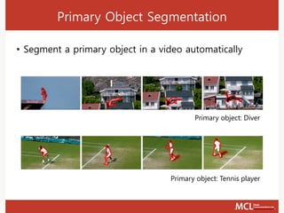 Primary Object Segmentation
• Segment a primary object in a video automatically
Primary object: Diver
Primary object: Tennis player
 