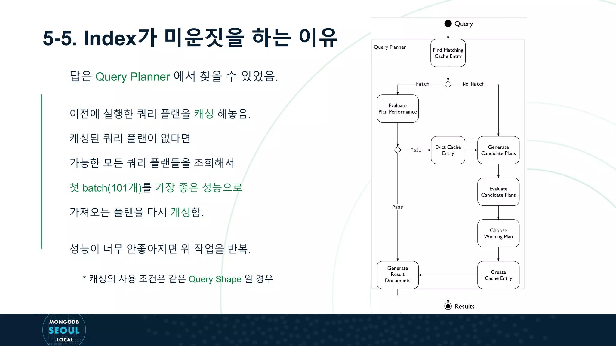 5-5. Index가 미운짓을 하는 이유
답은 Query Planner 에서 찾을 수 있었음.
이전에 실행한 쿼리 플랜을 캐싱 해놓음.
캐싱된 쿼리 플랜이 없다면
가능한 모든 쿼리 플랜들을 조회해서
첫 batch(101개)를 가장 좋은 성능으로
가져오는 플랜을 다시 캐싱함.
성능이 너무 안좋아지면 위 작업을 반복.
* 캐싱의 사용 조건은 같은 Query Shape 일 경우
 