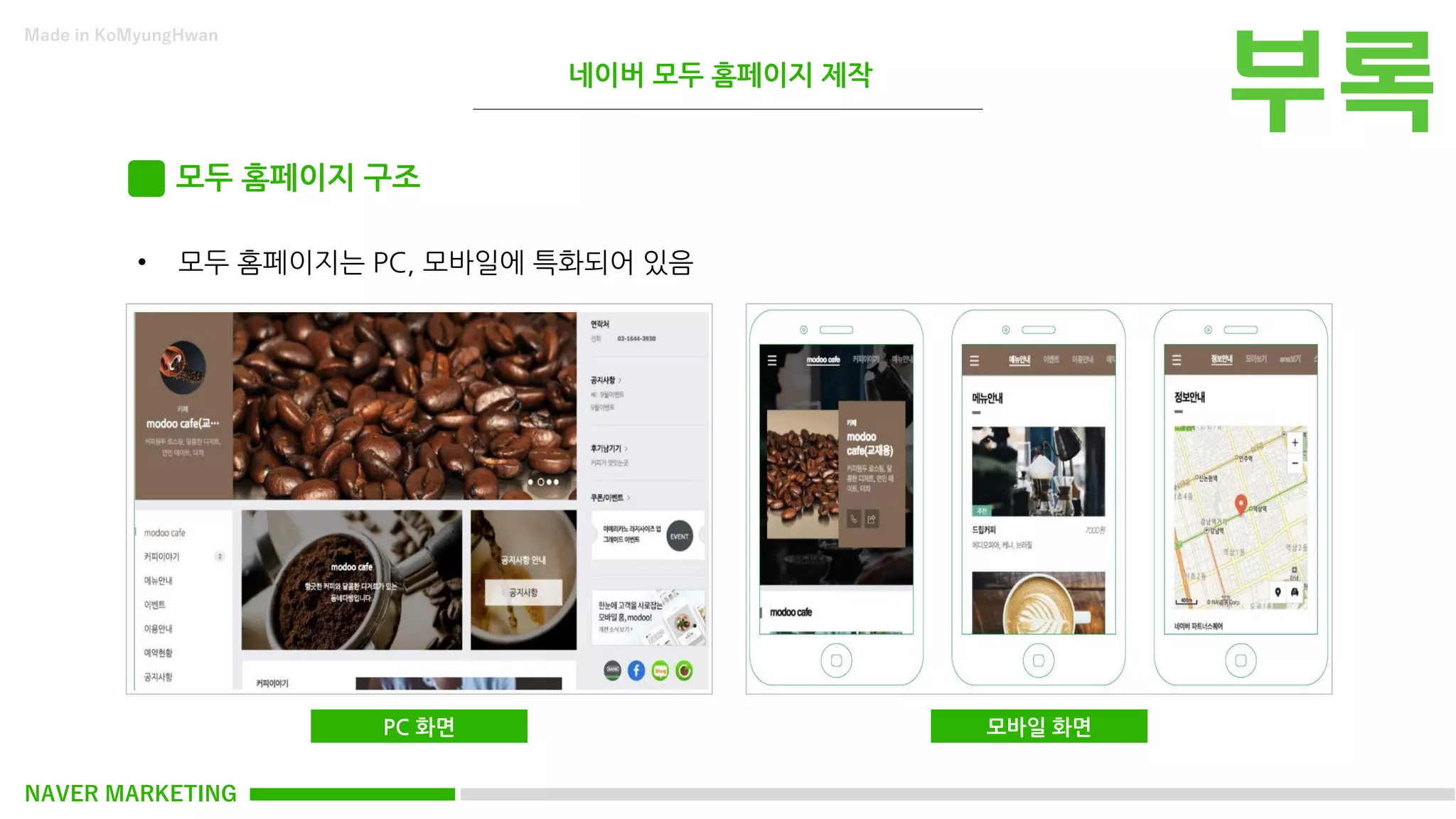 NAVER MARKETING
Made in KoMyungHwan
모두 홈페이지 구조
• 모두 홈페이지는 PC, 모바일에 특화되어 있음
PC 화면 모바일 화면
네이버 모두 홈페이지 제작
 