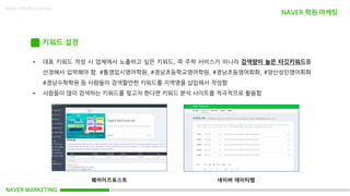 NAVER MARKETING
Made in KoMyungHwan
키워드 설정
• 대표 키워드 작성 시 업체에서 노출하고 싶은 키워드, 즉 주력 서비스가 아니라 검색량이 높은 타깃키워드를
선정해서 입력해야 함. #통영입시영어학원, #경남초등학교영어학원, #경남초등영어회화, #양산성인영어회화
#경남수학학원 등 사람들이 검색할만한 키워드를 지역명을 삽입해서 작성함
• 사람들이 많이 검색하는 키워드를 찾고자 한다면 키워드 분석 사이트를 적극적으로 활용함
웨어이즈포스트 네이버 데이터랩
NAVER 학원 마케팅
 