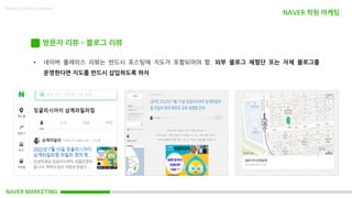 NAVER MARKETING
Made in KoMyungHwan
방문자 리뷰 – 블로그 리뷰
• 네이버 플레이스 리뷰는 반드시 포스팅에 지도가 포함되어야 함. 외부 블로그 체험단 또는 자체 블로그를
운영한다면 지도를 반드시 삽입하도록 하자
NAVER 학원 마케팅
 