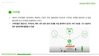 NAVER MARKETING
Made in KoMyungHwan
스마트콜
• 네이버 스마트콜은 네이버에서 제공하는 사업자 무료 전용번호로 050으로 시작하는 번호를 생성하여 내 업체
일반전화 또는 모바일로 연결해주는 서비스
• 스마트콜은 영업시간, 주차안내, 예약, 위치 문의 등의 안내를 직접 응대하지 않고도 처리 가능함. 1인 사업주의
경우 점포운영에 활용할 수 있음
NAVER 편의 서비스
 