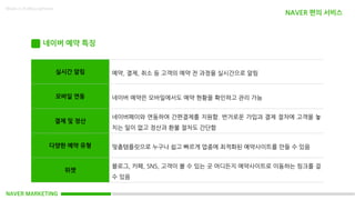 NAVER MARKETING
Made in KoMyungHwan
네이버 예약 특징
실시간 알림 예약, 결제, 취소 등 고객의 예약 전 과정을 실시간으로 알림
모바일 연동 네이버 예약은 모바일에서도 예약 현황을 확인하고 관리 가능
결제 및 정산
네이버페이와 연동하여 간편결제를 지원함. 번거로운 가입과 결제 절차에 고객을 놓
치는 일이 없고 정산과 환불 절차도 간단함
다양한 예약 유형 맞춤템플릿으로 누구나 쉽고 빠르게 업종에 최적화된 예약사이트를 만들 수 있음
위젯
블로그, 카페, SNS, 고객이 볼 수 있는 곳 어디든지 예약사이트로 이동하는 링크를 걸
수 있음
NAVER 편의 서비스
 