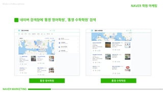 NAVER MARKETING
NAVER 학원 마케팅
Made in KoMyungHwan
네이버 검색창에 ‘통영 영어학원’, ‘통영 수학학원’ 검색
통영 영어학원 통영 수학학원
 