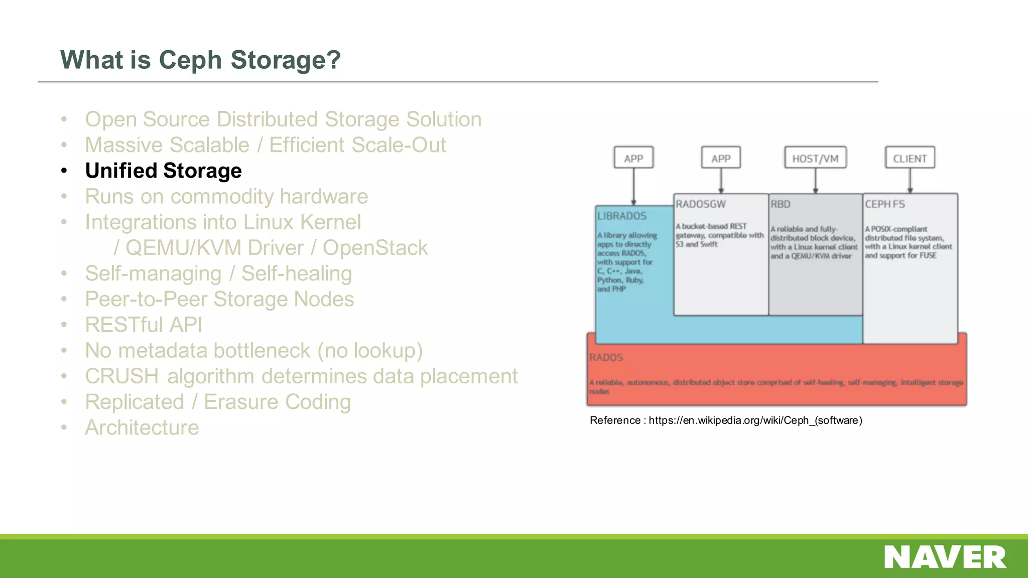 What is Ceph Storage?
• Open Source Distributed Storage Solution
• Massive Scalable / Efficient Scale-Out
• Unified Storage
• Runs on commodity hardware
• Integrations into Linux Kernel
/ QEMU/KVM Driver / OpenStack
• Self-managing / Self-healing
• Peer-to-Peer Storage Nodes
• RESTful API
• No metadata bottleneck (no lookup)
• CRUSH algorithm determines data placement
• Replicated / Erasure Coding
• Architecture
Reference : https://en.wikipedia.org/wiki/Ceph_(software)
 