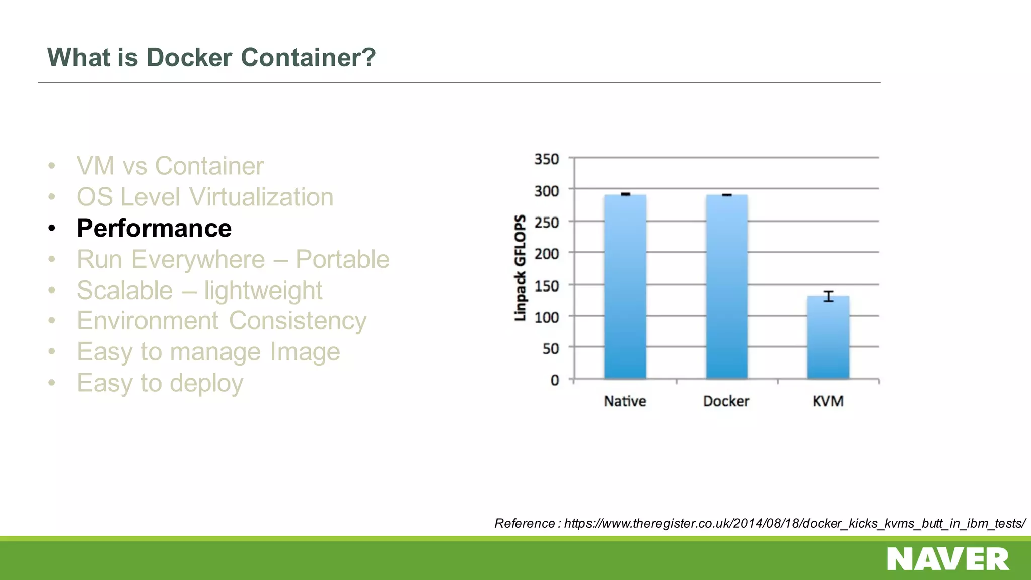 What is Docker Container?
• VM vs Container
• OS Level Virtualization
• Performance
• Run Everywhere – Portable
• Scalable – lightweight
• Environment Consistency
• Easy to manage Image
• Easy to deploy
Reference : https://www.theregister.co.uk/2014/08/18/docker_kicks_kvms_butt_in_ibm_tests/
 