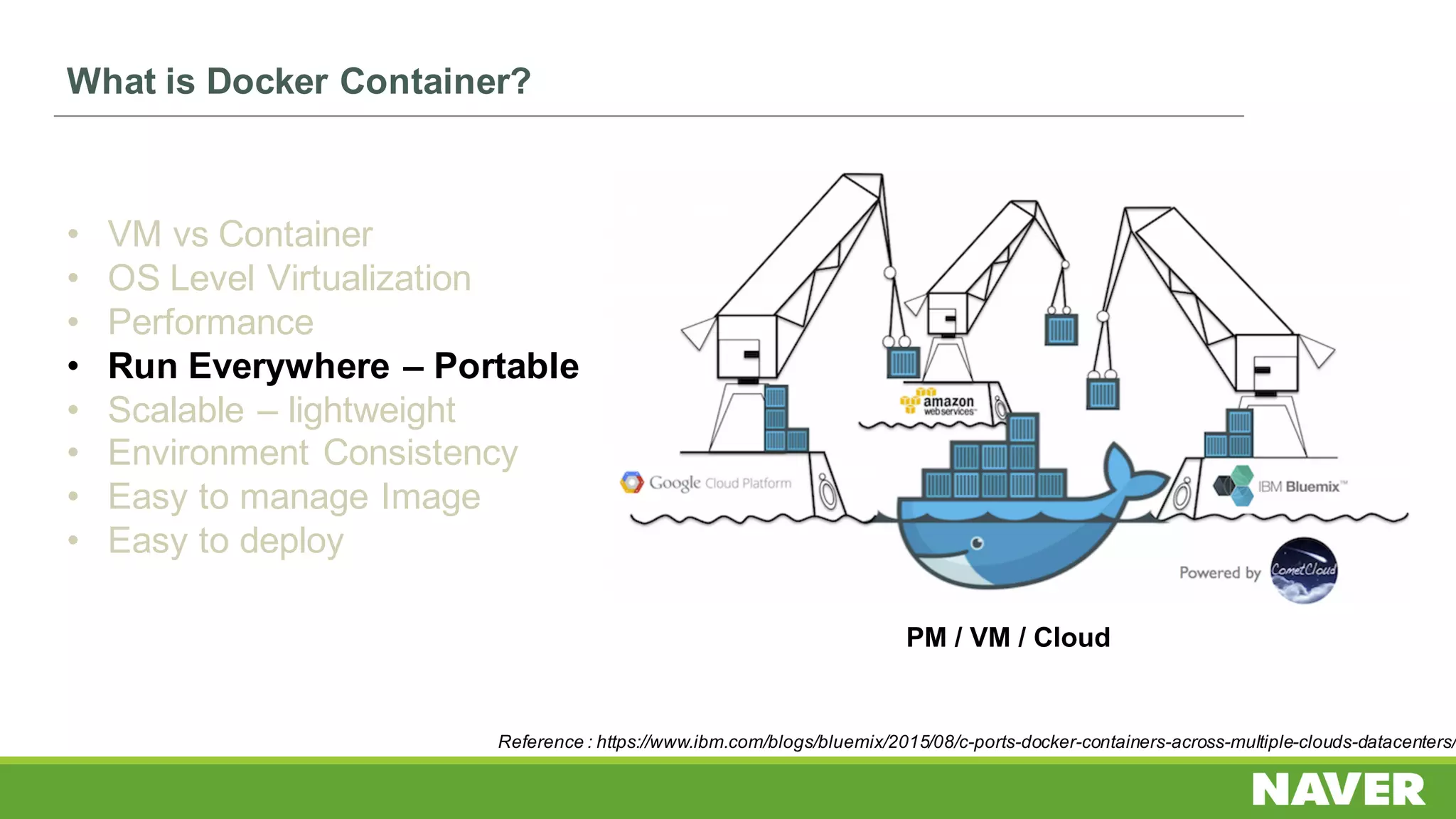 What is Docker Container?
• VM vs Container
• OS Level Virtualization
• Performance
• Run Everywhere – Portable
• Scalable – lightweight
• Environment Consistency
• Easy to manage Image
• Easy to deploy
Reference : https://www.ibm.com/blogs/bluemix/2015/08/c-ports-docker-containers-across-multiple-clouds-datacenters/
PM / VM / Cloud
 