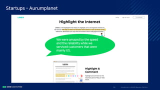 I ntro duc ti o n to N A V E R Bus i nes s Pla tfo rm30/
Startups - Aurumplanet
We were amazed by the speed
and the reliability while we
serviced customers that were
mainly US.
 