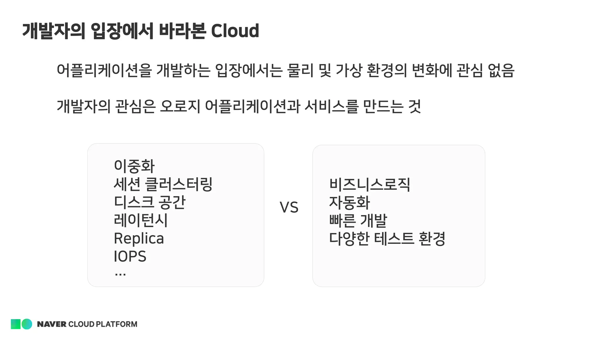 개발자의 입장에서 바라본 Cloud
어플리케이션을 개발하는 입장에서는 물리 및 가상 환경의 변화에 관심 없음
개발자의 관심은 오로지 어플리케이션과 서비스를 만드는 것
이중화
세션 클러스터링
디스크 공간
레이턴시
Replica
IOPS
…
VS
비즈니스로직
자동화
빠른 개발
다양한 테스트 환경
 