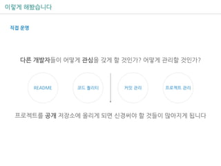 이렇게 해봤습니다
직접 운영
코드 퀄리티 커밋 관리 프로젝트 관리README
프로젝트를 공개 저장소에 올리게 되면 신경써야 할 것들이 많아지게 됩니다
다른 개발자들이 어떻게 관심을 갖게 할 것인가? 어떻게 관리할 것인가?
 
