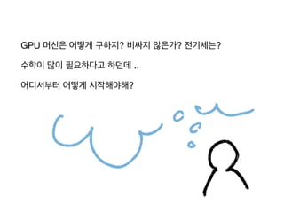 GPU 머신은 어떻게 구하지? 비싸지 않은가? 전기세는?

수학이 많이 필요하다고 하던데 ..

어디서부터 어떻게 시작해야해?
 