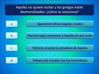 Aquiles no quiere luchar y los griegos están
desmoralizados: ¿cómo se soluciona?
Agamenón ofrece regalos a todos
Patroclo logra convencer a Aquiles de que luche
Patroclo se pone la armadura de Aquiles
Odiseo sale a luchar con los mirmidones
a
b
c
d
 