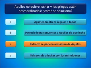 Aquiles no quiere luchar y los griegos están
desmoralizados: ¿cómo se soluciona?
Agamenón ofrece regalos a todos
Patroclo logra convencer a Aquiles de que luche
Patroclo se pone la armadura de Aquiles
Odiseo sale a luchar con los mirmidones
a
b
c
d
 