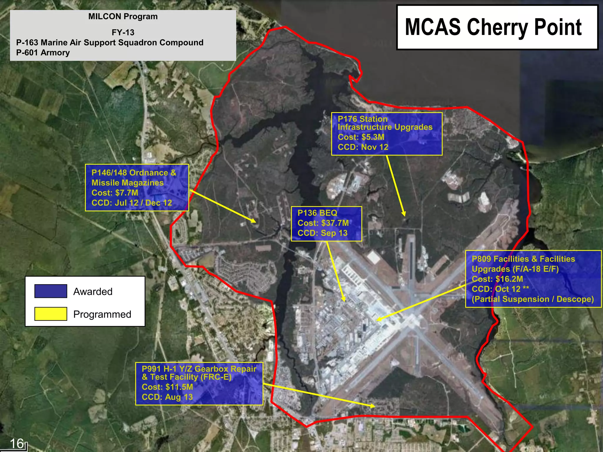 MCAS Cherry Point
                MILCON Program
                       FY-13
P-163 Marine Air Support Squadron Compound
P-601 Armory




                                                                   P176 Station
                                                                   Infrastructure Upgrades
                                                                   Cost: $5.3M
                                                                   CCD: Nov 12


                P146/148 Ordnance &
                Missile Magazines
                Cost: $7.7M
                CCD: Jul 12 / Dec 12
                                                          P136 BEQ
                                                          Cost: $37.7M
                                                          CCD: Sep 13


                                                                                             P809 Facilities & Facilities
                                                                                             Upgrades (F/A-18 E/F)
                                                                                             Cost: $16.2M
            Awarded                                                                          CCD: Oct 12 **
                                                                                             (Partial Suspension / Descope)
            Programmed




                            P991 H-1 Y/Z Gearbox Repair
                            & Test Facility (FRC-E)
                            Cost: $11.5M
                            CCD: Aug 13




16
 