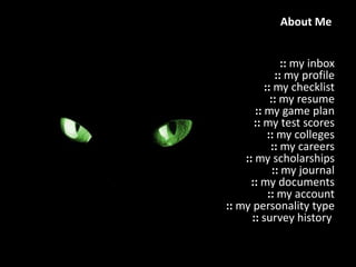 About Me::my inbox::my profile::my checklist::my resume::my game plan::my test scores::my colleges::my careers::my scholarships::my journal::my documents::my account::my personality type::survey history
