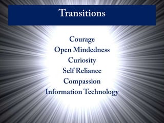 TransitionsCourageOpen MindednessCuriositySelf RelianceCompassionInformation Technology