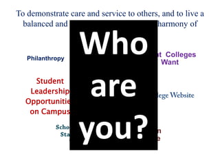 To demonstrate care and service to others, and to live a balanced and healthy life, enjoying the harmony of work and play.Who are you?